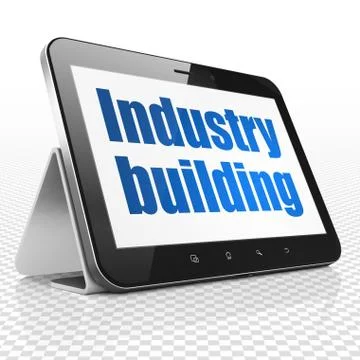 Manufacuring concept: Tablet Computer with Industry Building on display Stock Illustration