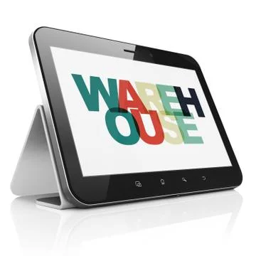 Manufacuring concept: Tablet Computer with Warehouse on  displa Stock Illustration