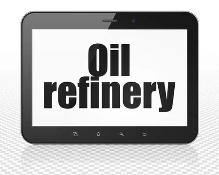 Manufacuring concept: Tablet Pc Computer with Oil Refinery on display Illustrazione stock