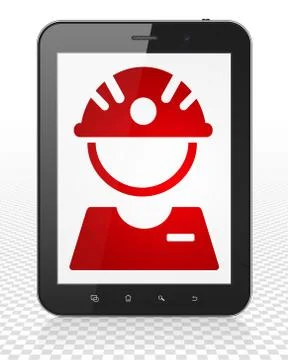 Manufacuring concept: Tablet Pc Computer with Factory Worker on display Illustrazione stock