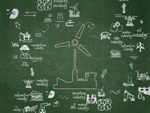 Manufacuring concept: Windmill on School Board background Ilustración de archivo