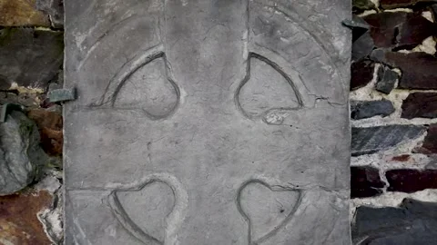 Manx Celtic Stone Cross Relief at Maughold Village, Ancient Pattern on Tablet Stock Footage 320760480