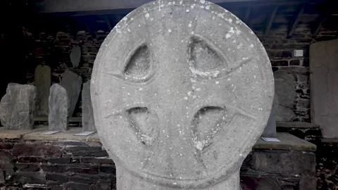 Manx cross stone artifact with Celtic designs Stock Footage 320759282