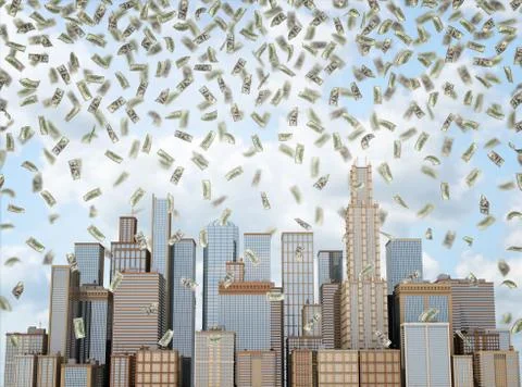 Many 100 USD bills falling slowly over several high buildings standing close Stock Illustration