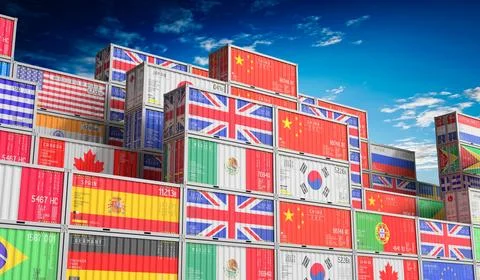 Many 20 feet cargo containers for international trade Stock Illustration