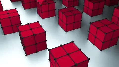 Many 3d cubes with dots are on surface, modern computer generated background Stock Illustration