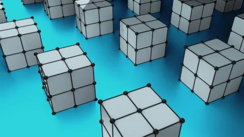 Many 3d cubes with dots are on surface, modern computer generated background Stock-Illustration