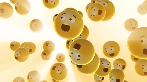 Many 3D emojis fly in the rays of light with surprised faces Vidéo 341898895