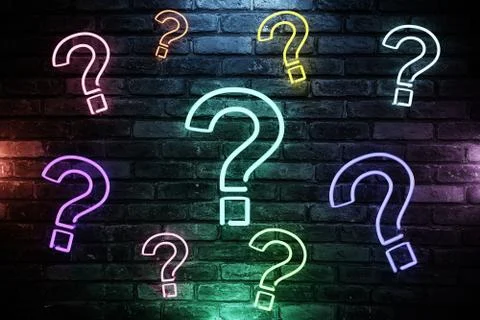 Many 3D illustrated question mark with led light on brick wall background. Stock Illustration