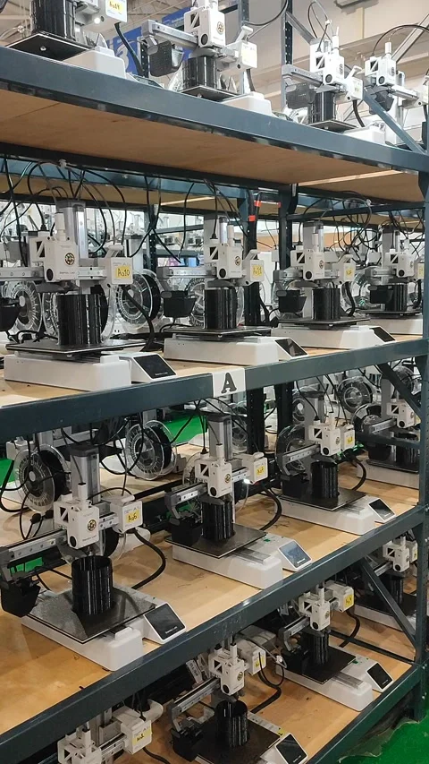 Many 3D printers printing object 3D printers simultaneously printing Vertical Stock Footage 323569470