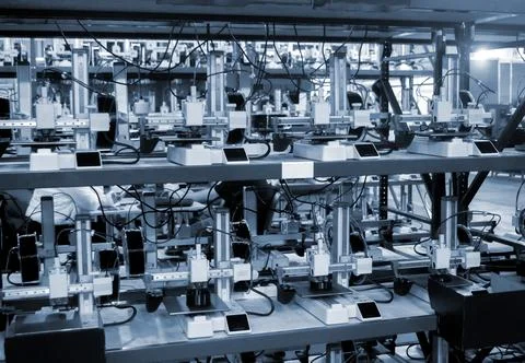Many 3D printers printing an object. 3D printers simultaneously printing model Stock Photos