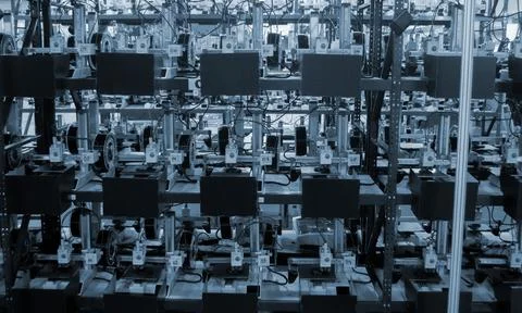 Many 3D printers printing an object. 3D printers simultaneously printing model 库存照片