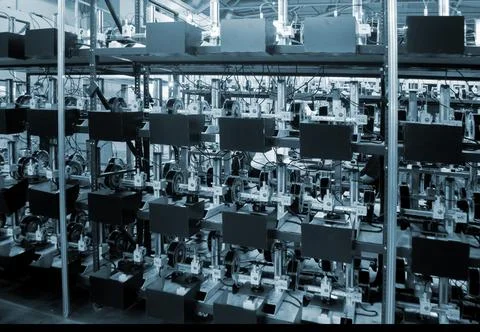 Many 3D printers printing an object. 3D printers simultaneously printing model 库存照片