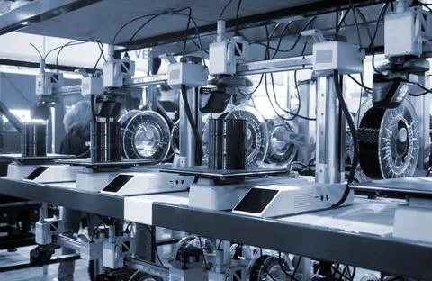 Many 3D printers printing object. 3D printers creating shape from molten plastic Stock Photos
