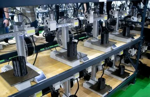 Many 3D printers printing object. 3D printers creating shape from molten plastic Stock Photos