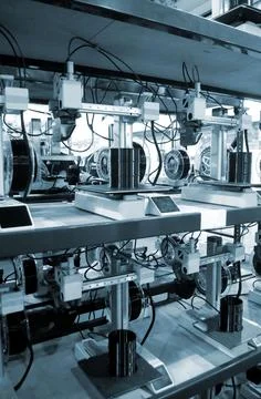 Many 3D printers printing object. 3D printers creating shape from molten plastic Stock Photos
