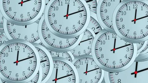 Many 3d simple clocks with hour, second and minute arrows, computer generated Stock Illustration