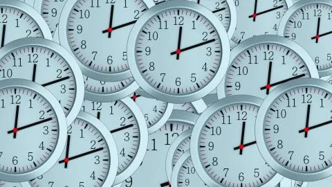 Many 3d simple clocks with hour, second and minute arrows, computer generated Stock Illustration