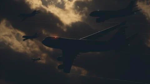 Many Airliners In Front Of A Dark Sky Stock Illustration