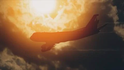 Many Airliners In The Sky In Front Of The Sun Stock Photos