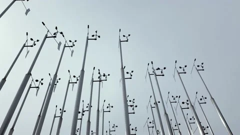 Many anemometers on poles measuring wind speed Stock Footage 157701430