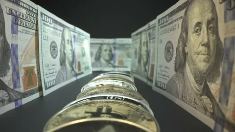 Many anerican dollars with cryptocoins Bitcoin, Etherium, Zcash. Macro close Stock Footage 141109192