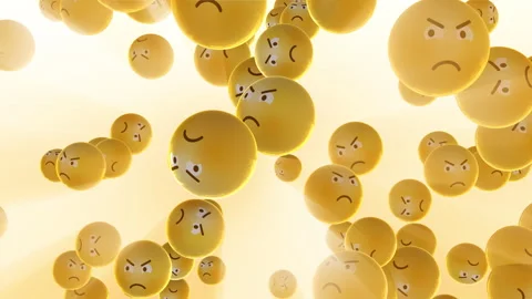 Many angry 3D emojis fly in the rays of light with gloomy faces Stock Footage 345898609