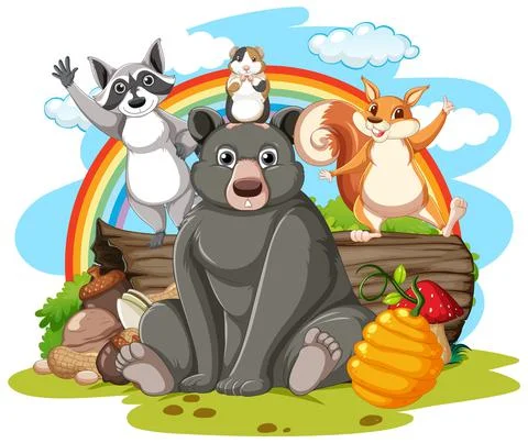 Many animals sitting by the log Stock Illustration