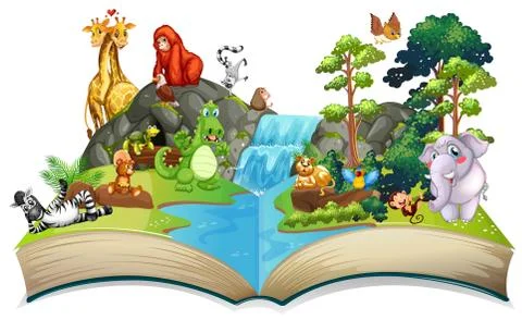 Many animals by the waterfall 스톡 일러스트