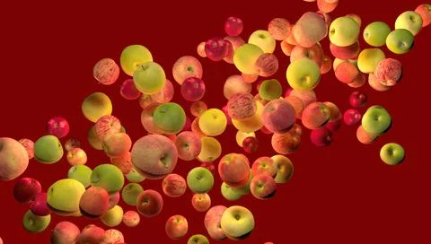 Many apples hang chaotically on a red background. 3D rendering, Stock Illustration