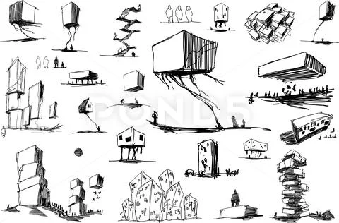Many architectural sketches of a modern abstract architecture Stock Illustration