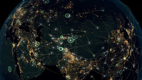 Many Arrows Fly Among Cities. Global Communications over Asia and Europe. Stock Footage 103139761