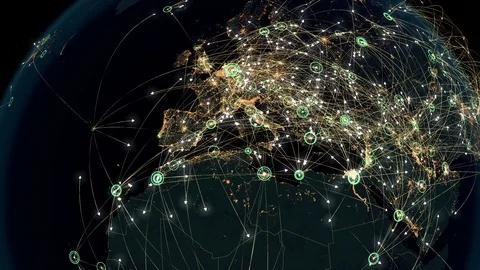 Many Arrows Fly Among Cities. Global Communications over Europe. Stock Footage 103143440