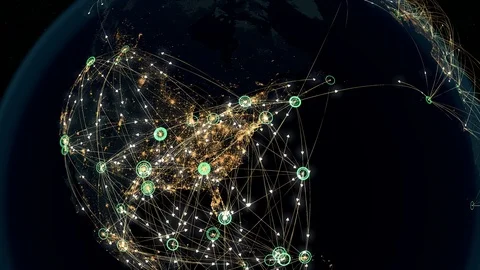 Many Arrows Fly Among Cities. Global Communications over North America. Stock Footage 103146928