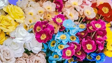 Many artificial flowers Stock Photos