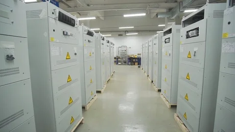 Many assembled electrical cabinets stand in a row Stock Footage