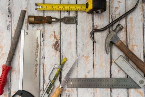 Many assorted hand tools for rustic jobs 스톡 사진