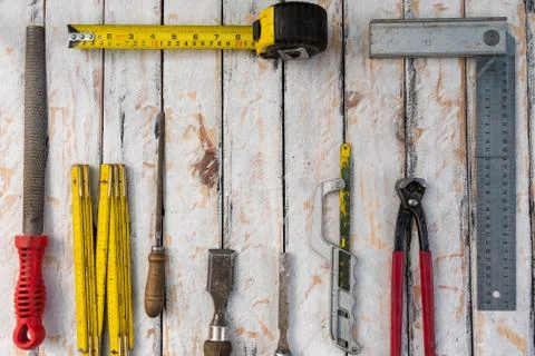 Many assorted hand tools for rustic jobs Stock Photos