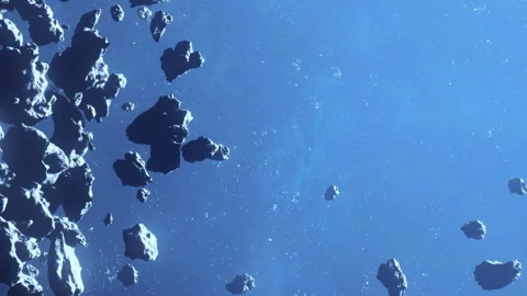 Many asteroids float in space with dark rocks and bright stars Video stock 344164339