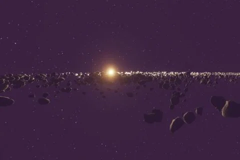 Many asteroids or meteorites in the space horizon with Sun Stock Illustration