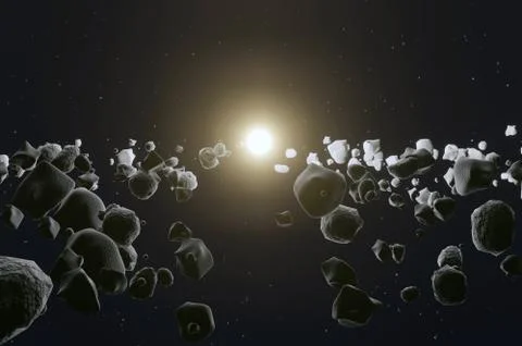 Many asteroids or meteorites in the space horizon with Sun in the center Stock Illustration