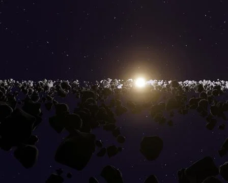 Many asteroids or meteorites in the space horizon with Sun, 3d render Illustrazione stock