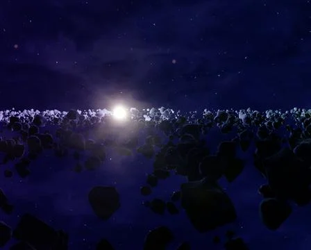 Many asteroids or meteorites in the space horizon with Sun, 3d render Stock Illustration