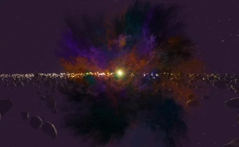 Many asteroids or meteorites in the space horizon with Sun. 3d render Stock-Illustration
