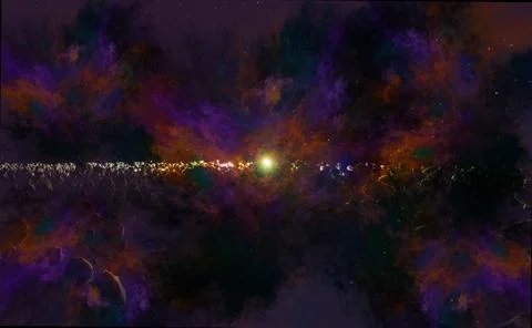 Many asteroids or meteorites in the space horizon with Sun in the center. 3d Illustrazione stock