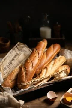 Many Baguettes on Table Rustic Artisan Bread Stock Photos