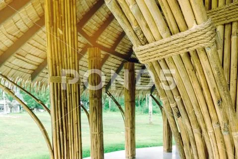 Many bamboo bindings are tied together with hemp ropes to be used as pole for Stock Photos