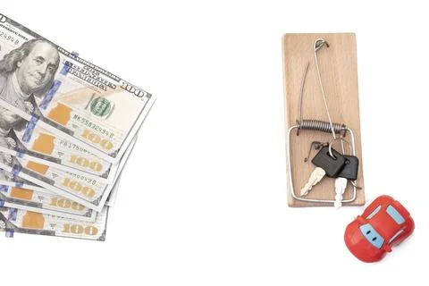Many banknotes in mouse trap on the white background Stock Photos