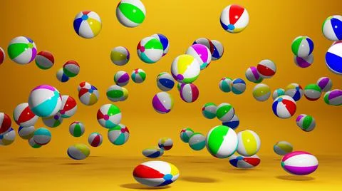 Many beach balls are bouncing on a yellow background. 3D rendering Illustrazione stock