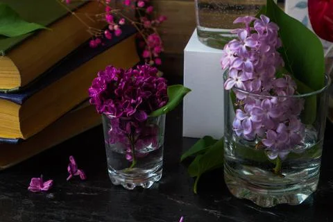 Many beautiful flowers of different colors in glass vases Stock Photos